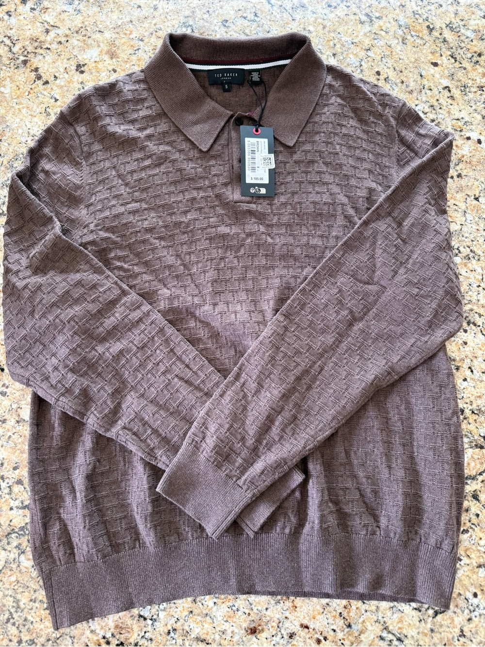 NWT Men’s Ted Baker London Brown Textured LS Stitch Long-Sleeved Polo sz. XL